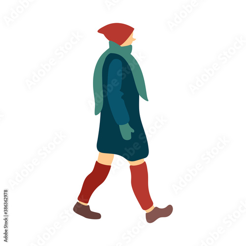 Girl walking peacefully in winter clothes. People outdoors isolated on white background. Flat cartoon people vector illustration 