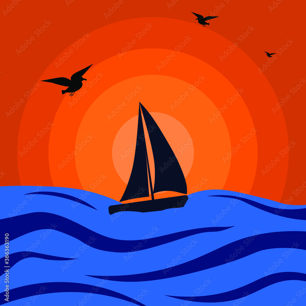 Naklejka premium silhouette of a sailboat floating at sunset in the sea on the waves against the background of a beautiful sunset and flying gulls .vector illustration