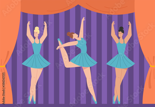 Graceful ballerinas in tutus dancing on stage of theater