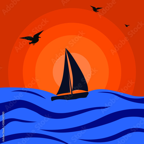 silhouette of a sailboat floating at sunset in the sea on the waves against the background of a beautiful sunset and flying gulls .vector illustration