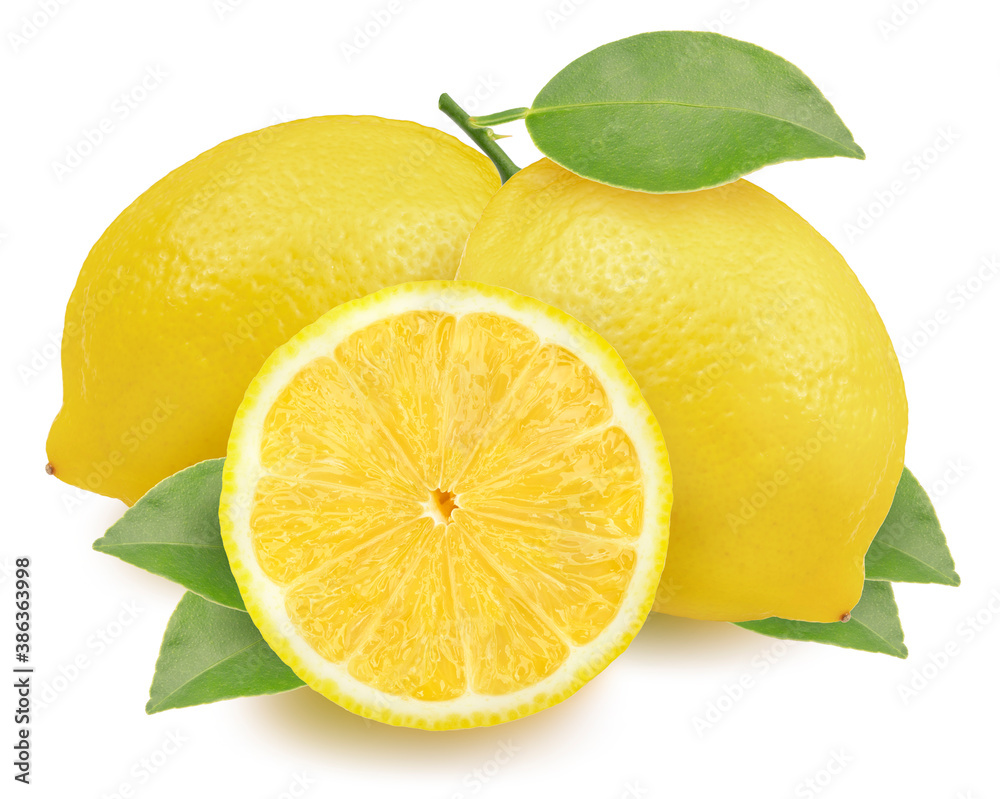 Yellow Lemon isolated on white background, Lemon Fruit with leaf on a white background, With clipping path