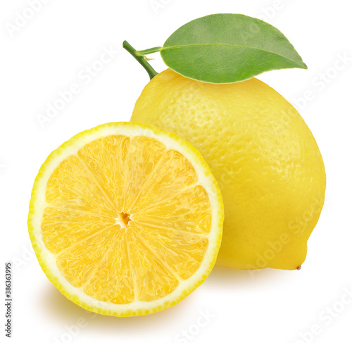 Yellow Lemon isolated on white background, Lemon Fruit with leaf on a white background, With clipping path