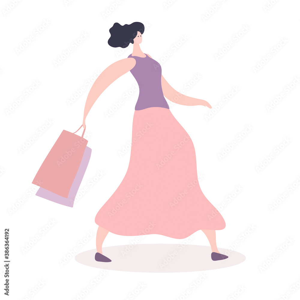 Girl shopper. The girl holds packages. Big Sale. Vector illustration of a flat style. Girl shopper. The girl holds packages. Big Sale. Vector illustration of a flat style.