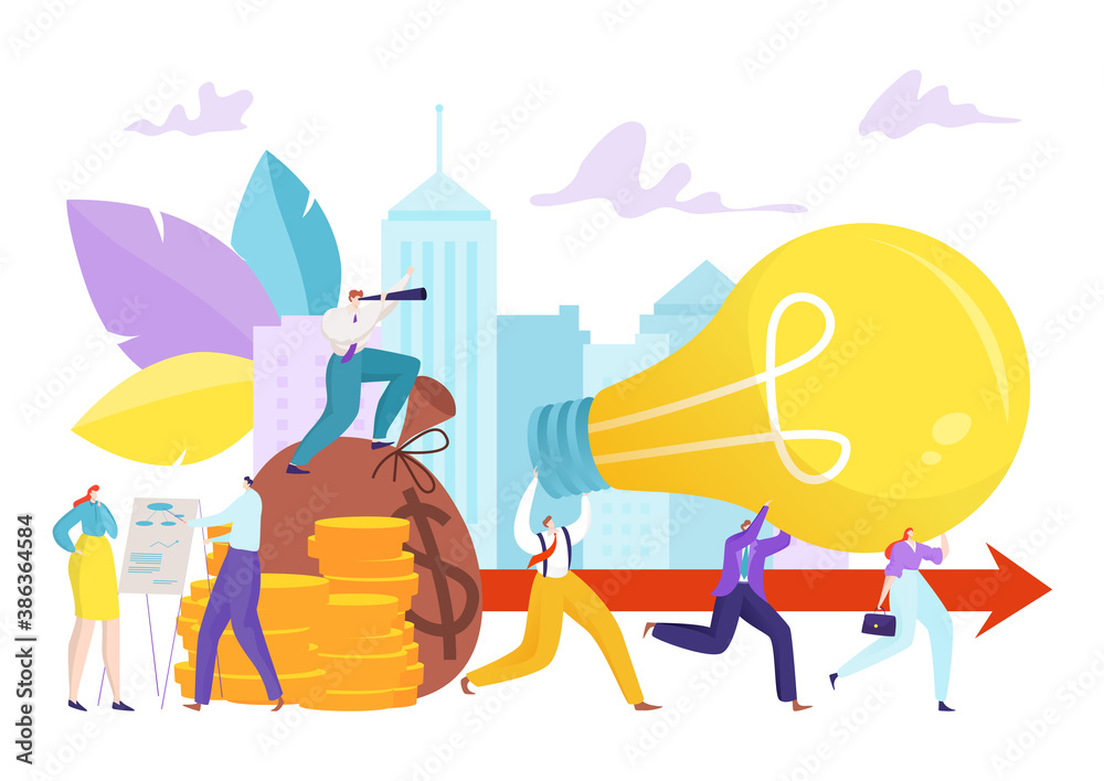 Naklejka premium Business people running with bulb, teamwork and communication, vector illustration. Success person cooperation, professional light team. Successful man woman character work idea cartoon solution.