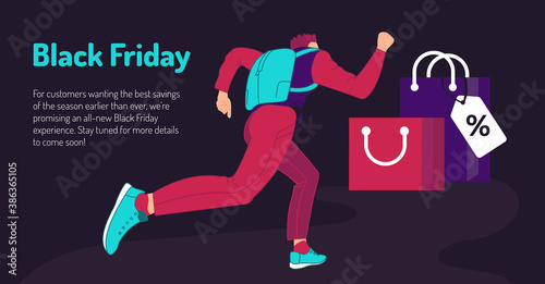Man runs for shopping on the day of big discounts. Black friday, special offer, super sale, holiday promotion. Flat horizontal banner. Vector illustration