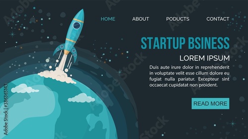 Space rocket flying in space. Night sky in round shape. Web page with copy space for text.