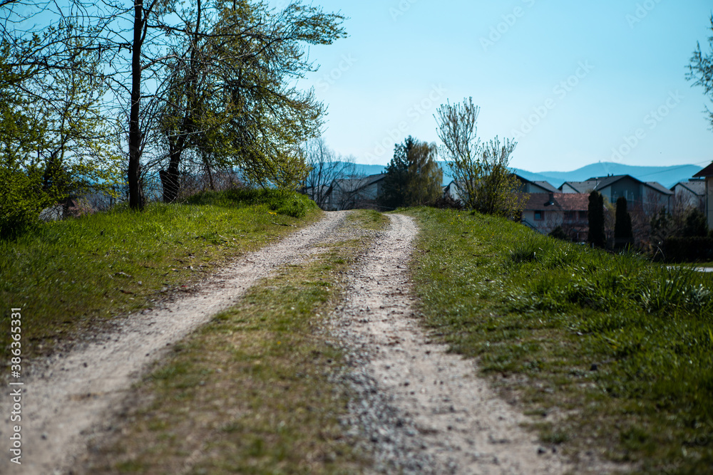 Selective focus on soil and grass located on a dirt road. The road is rural and leads to the village. behind you could see the roofs of houses and mountains.