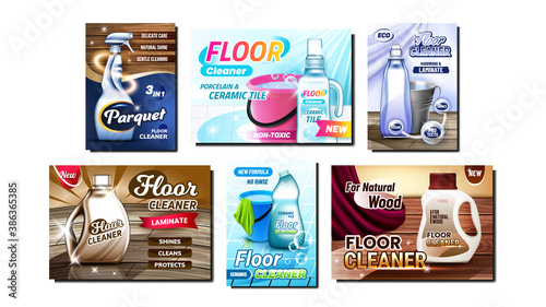 Floor Cleaner Creative Promo Posters Set Vector. Parquet And Laminate Material Floor Blank Packages Cleaning Liquid Collection Advertising Marketing Banners. Style Color Concept Template Illustrations