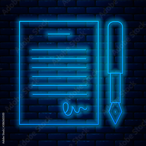 Glowing neon line Marriage contract icon isolated on brick wall background. Wedding certificate. Vector.