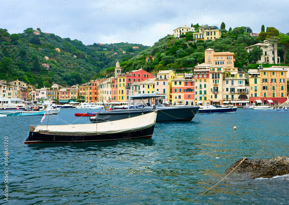        Beautiful Portofino, best touristic Mediterranean place with typical colorful buildings and famous luxury harbor, Portofino, Liguria, Italy, Europe