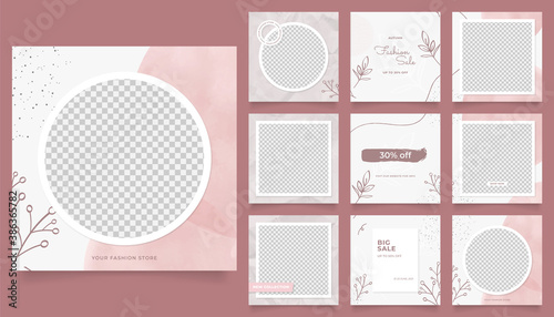 social media template banner fashion sale promotion. fully editable instagram and facebook square post frame puzzle organic sale poster. floral red pink vector background