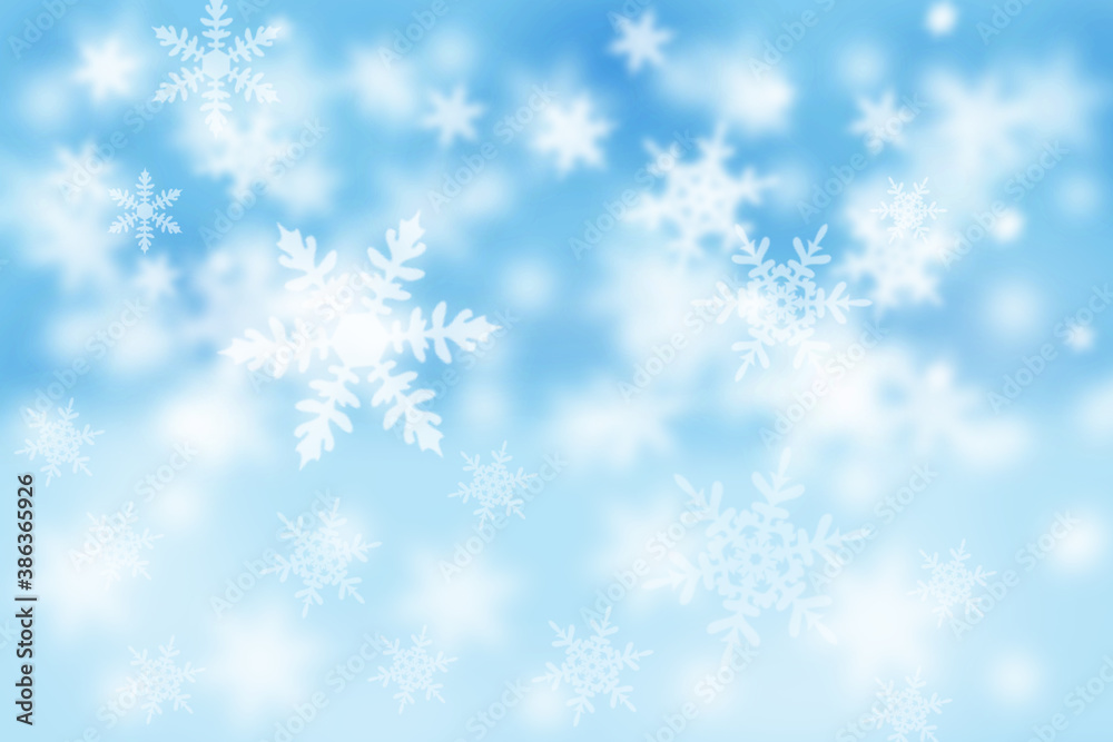 New Year and Christmas card with snowflakes. Winter blue snowfall background.