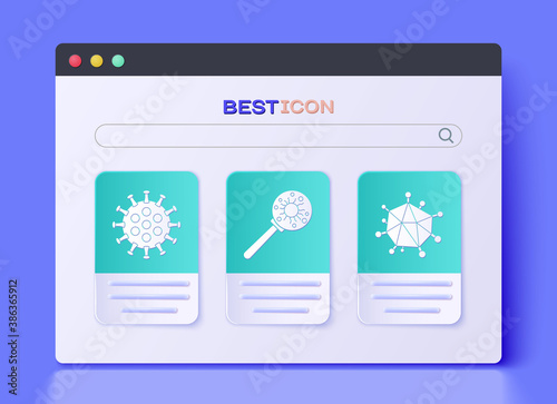 Set Virus under magnifying glass, Virus and Virus icon. Vector.