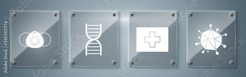 Set Virus, First aid kit, DNA symbol and Medical protective mask. Square glass panels. Vector.