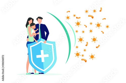 Immune system vector logo icon. Protection against bacteria, health viruses. A healthy family is behind the shield, and the shield repels the attack of bacteria. Boost immunity using medicine concept 