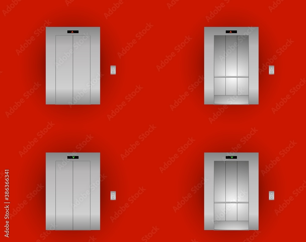 Vector metal elevator outside and inside on a red wall background Vector metal elevator outside and inside on a red wall background