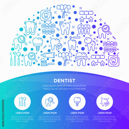 Dentist concept in half circle with thin line icons: dental instruments, caries under magnifier, orthodontics, tooth extraction, veneers, tooth whitening, implant, braces. Vector illustration.