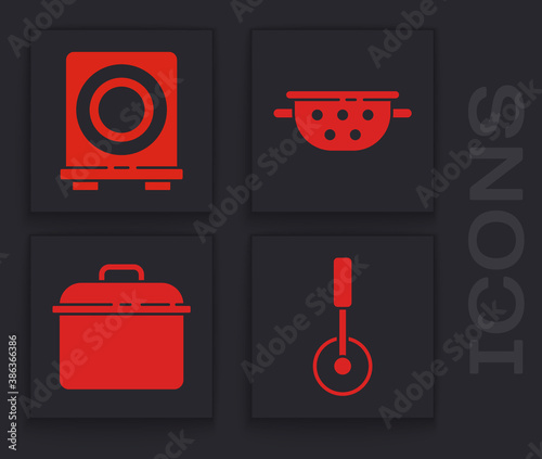 Set Pizza knife, Electric stove, Kitchen colander and Cooking pot icon. Vector.