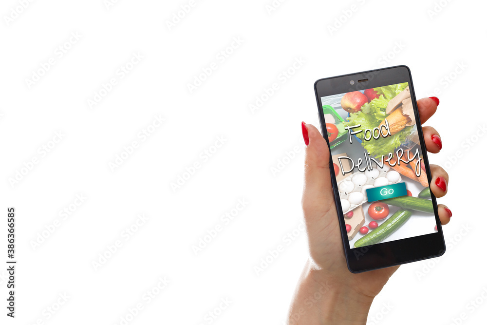 Hand holding mobile with Order food with white background, Order food online business concept. Hand holding mobile with Order food with white background, Order food online business concept.