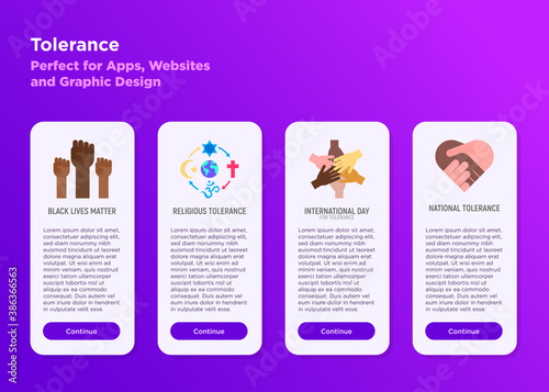 Mobile user interface with torelance flat icons: black lives matter, religious tolerance, globalization, human equality. Vector illustration, template with copy space.