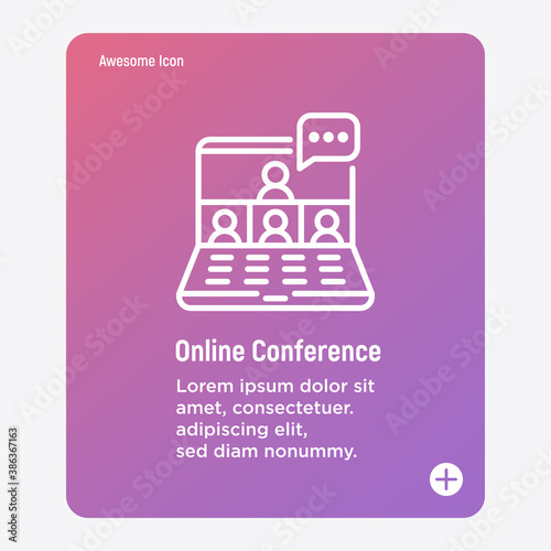 Online conference thin line icon. Video call on laptop, a few people talking. Webinar, online meeting, distant learning. Vector illustration.