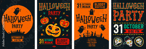 Halloween posters set. Vector collection of Halloween invitations or greeting...