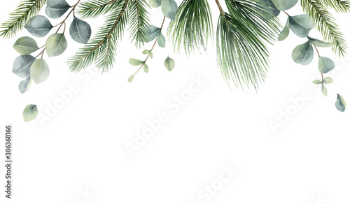 Watercolor vector Christmas card with fir branches and eucalyptus leaves.