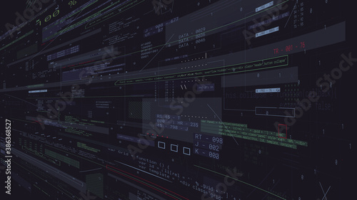 Digital binary programming code, coding technology networks and data flood, background of software developer and computer script