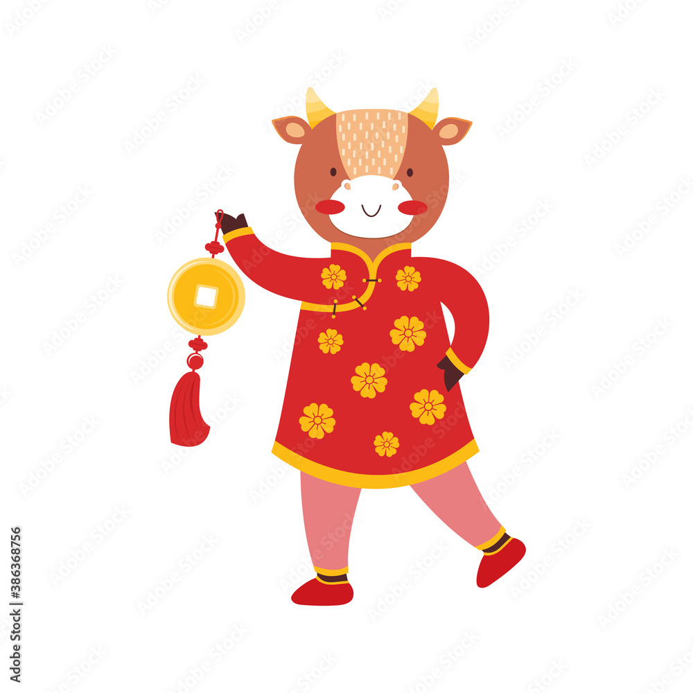 Cute bull baby girl with old gold coins of luck on a red string. Symbol of the new year 2021. Ox in a traditional Chinese costume. Cartoon animal character. Happy chinese new year. Zodiac sign.