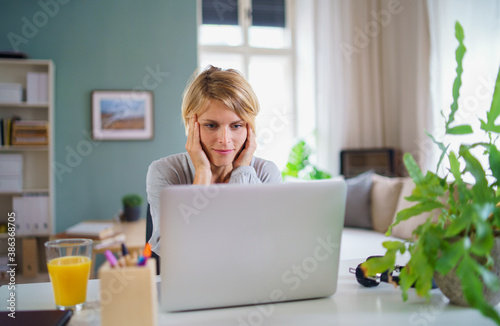 Portrait of business woman working indoors in office at desk, home office concept.