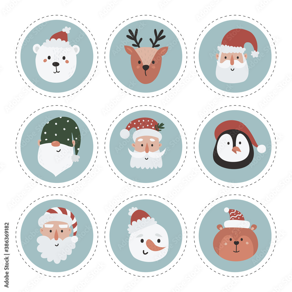 Christmas labels collection with snowman, gnome, santa and woodland animals