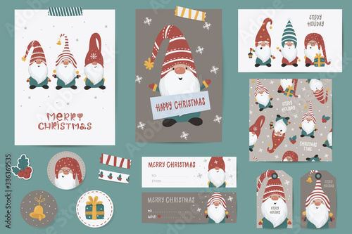 Christmas set with Christmas cards, stickers, labels, stamps, tags with winter christmas illustrations, wishes template