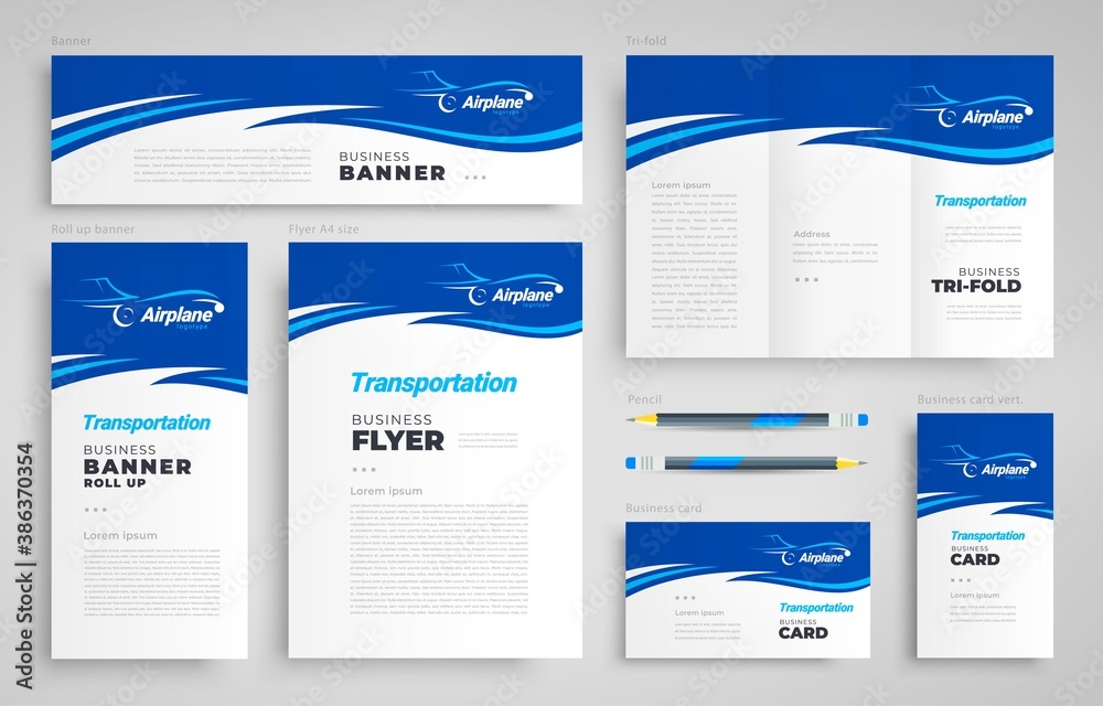 Airplane Set flyer cover, tri-fold, banner, roll up banner, business card vector blue color