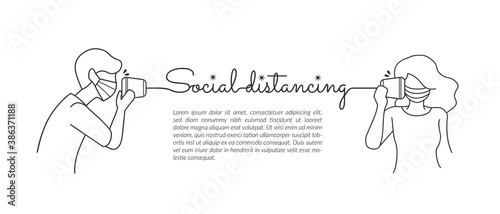 Social distancing, two people communicate using a tin can telephone to keep their distance.