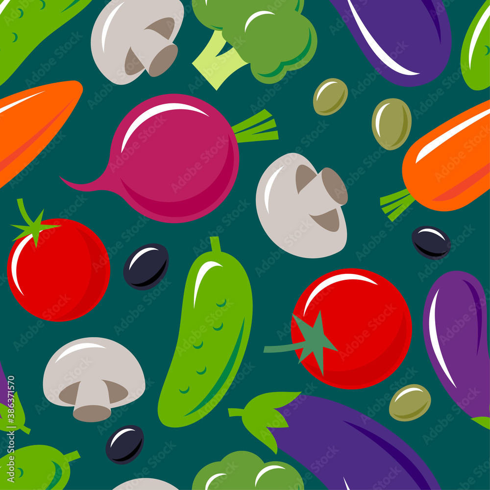 Vegetables mix seamless pattern. Tomatoes, eggplants, cucumbers, broccoli, carrots, beetroot, mushrooms, olives. Original simple flat illustration Vegetables mix seamless pattern. Tomatoes, eggplants, cucumbers, broccoli, carrots, beetroot, mushrooms, olives. Original simple flat illustration
