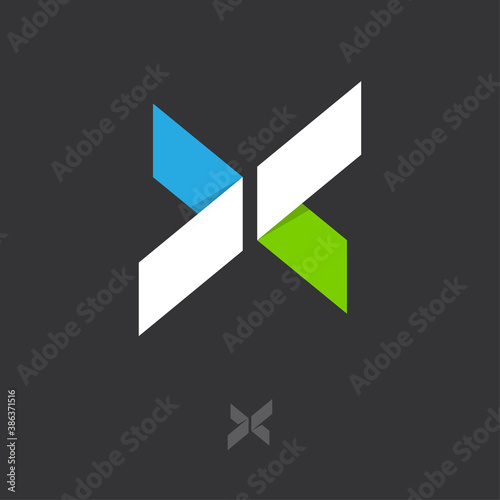 X monogram. X origami logo. X letter like color ribbons like paper figures. Monochrome option.