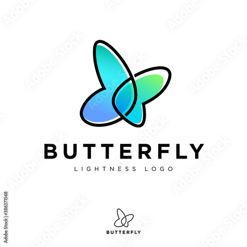 Butterfly logo consist of contour and transparent elements. Lightness icon. Emblem can use for jewelry, beauty or spa salon, lingerie and nail care. 