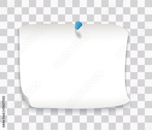 White paper note with blue pin isolated on transparent background. Vector realistic mockup of blank sheet with curled corner and pushpin. Empty notepaper with thumbtack for notice, reminder or postit