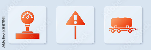Set Exclamation mark in triangle, Gauge scale and Oil railway cistern. White square button. Vector.