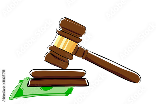 Illustration for Bribery Simple Vector Flat Color, Gavel and Money, at White Background