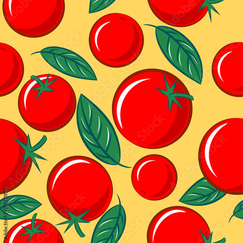 Vegetables mix seamless pattern. Ripe tomatoes with basil leaves. Original simple flat illustration. 