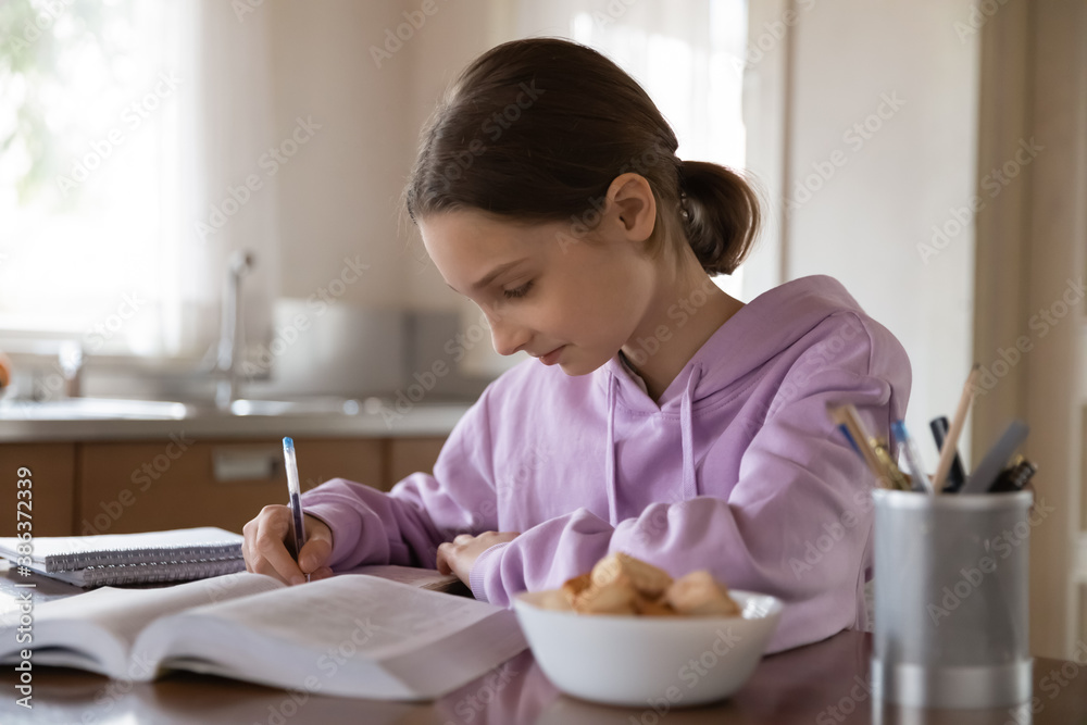 Smart focused Caucasian teen girl pupil handwrite in notebook study distant at home kitchen table. Concentrated teenage schoolgirl child write note prepare homework task assignment. Education concept. Smart focused Caucasian teen girl pupil handwrite in notebook study distant at home kitchen table. Concentrated teenage schoolgirl child write note prepare homework task assignment. Education concept.