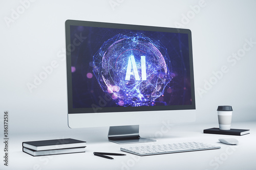 Creative artificial Intelligence symbol concept on modern computer monitor. 3D Rendering