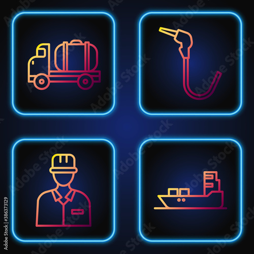 Set line Oil tanker ship, Oilman, Tanker truck and Gasoline pump nozzle. Gradient color icons. Vector.