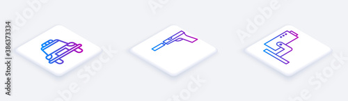 Set Isometric line Police car and flasher, Pistol or gun with silencer and Security camera. White square button. Vector.