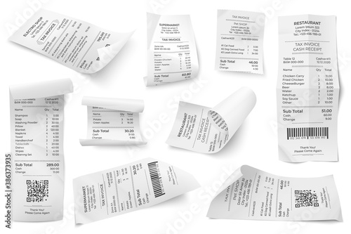 Retail bills. Supermarket bill, isolated restaurant check atm financial check. Realistic market pay paper or invoice vector template. Supermarket bill paper, order calculation invoice illustration