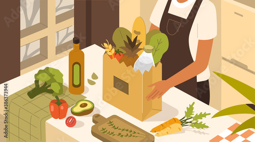 
Woman staying at Home Kitchen and unpacking Paper Bag with Fresh Vegetables, Fruits and other Grocery Food. Grocery Shopping and Food Delivery Service Concept. Flat Isometric Vector Illustration. 