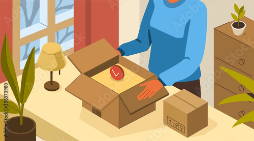 Woman Opening Cardboard Parcel Box at Home. Customer Receiving, Unpacking and Checking Order. Package Delivery Service and Shipment Concept. Flat Isometric Vector Illustration.