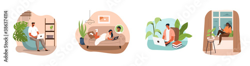 People Working at Home. Man and Woman using Smartphones and Laptops. They Chatting, Talking by Video Call with Colleagues, Family and Friends. Characters Set. Flat Cartoon Vector Illustration.