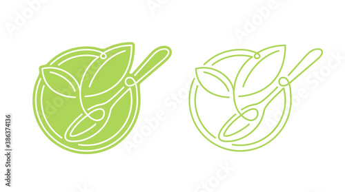 Plant proteins or vegetarian food stamp - healthy nutrition icon for food pruducts packaging - green circle with outline leaf and spoon inside - isolated vector emblem